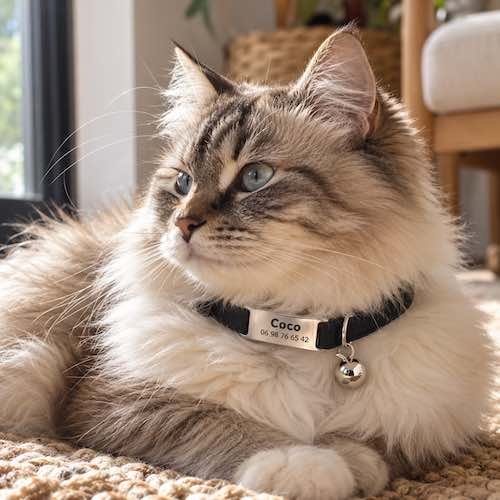 Chat noir portant un collier personnalisé