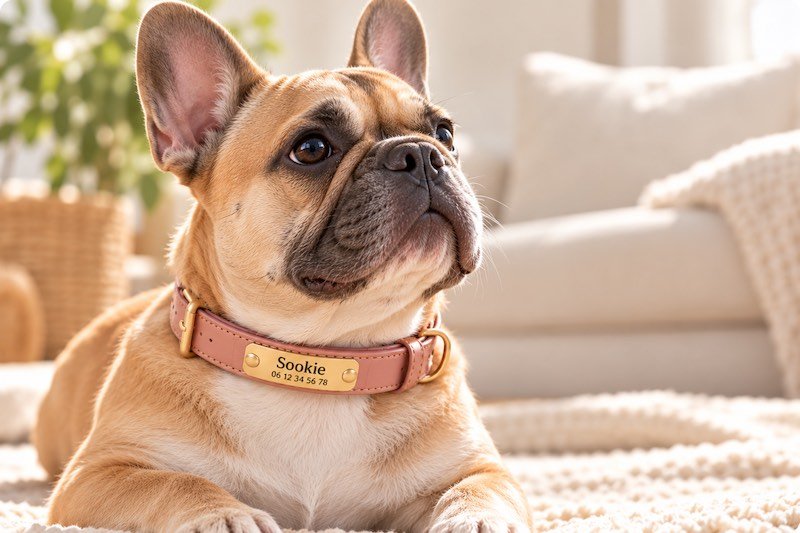 Collier personnalisé porté par un chien avec prénom et numéro de téléphone